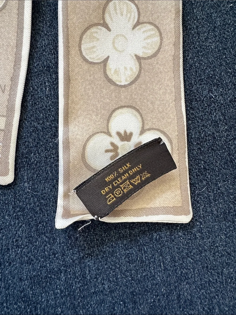 Louis Vuitton Beige & Cream Monogram Flower Silk Scarf Twilly AUTH w/ box & tag